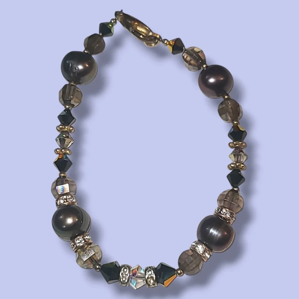 Tahitian Pearl & Crystal‎ Beaded Bracelet 7.5